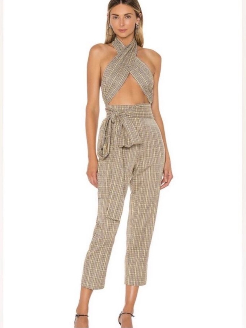 Tularosa Tan Plaid High-Waist Paperbag Pants